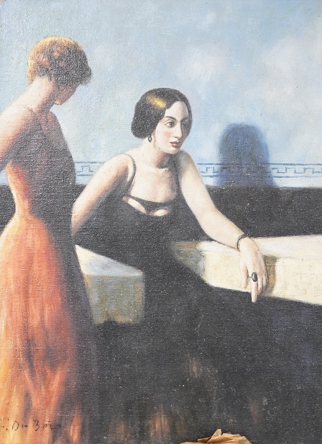F. Du Bois, Study of two women, signed, decorative oil on canvas board, 39 x 29cm